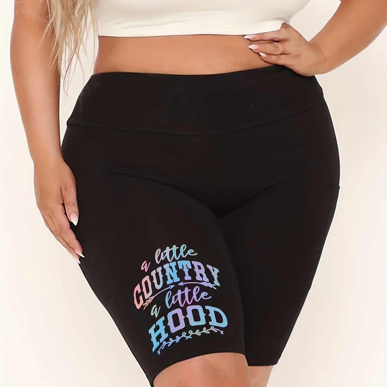 Women's Plus Graphic & Letter Print High Rise Skinny Fitness Shorts