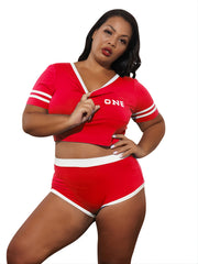 Y2K Colorblock Crop Top & High Waist Skinny Shorts Set