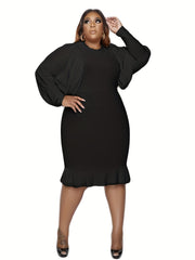 Solid Lantern Sleeve Ruffle Trim Dress