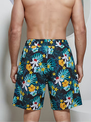 Tropical Flowers & Leaves Print Drawstring Shorts Men's Lounge Shorts