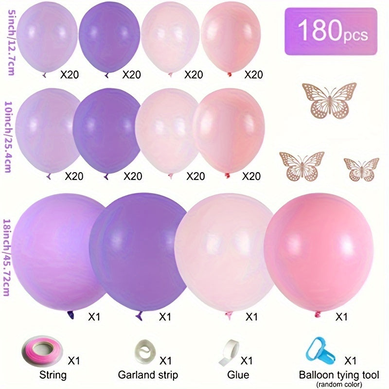 180pcs Light Pink Purple Balloon Arch Kit w/ Butterfly Stickers
