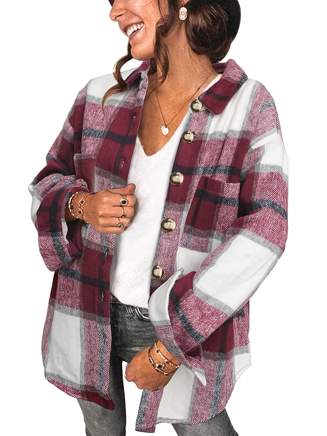 Button Plaid Drop Shoulder Jacket for Fall & Winter