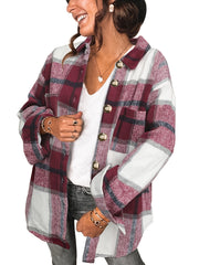 Button Plaid Drop Shoulder Jacket for Fall & Winter