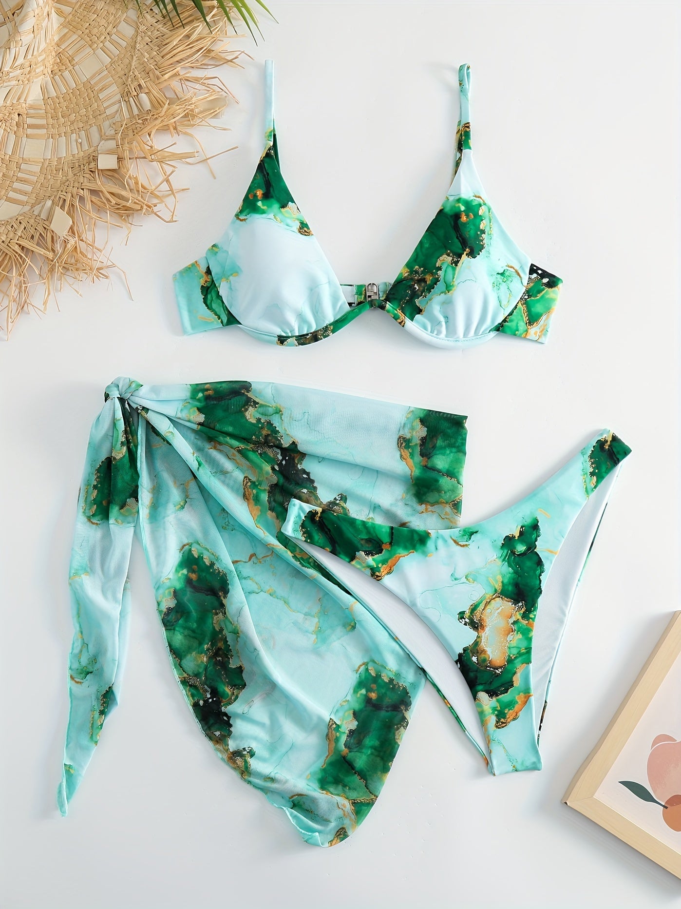 Marble Print Bikini Set with Wrap, Beachwear 3 Piece