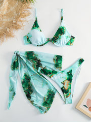 Marble Print Bikini Set with Wrap, Beachwear 3 Piece