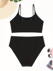 Casual Bikini Set Solid Round Neck Cami Top & Underwear Swimsuit