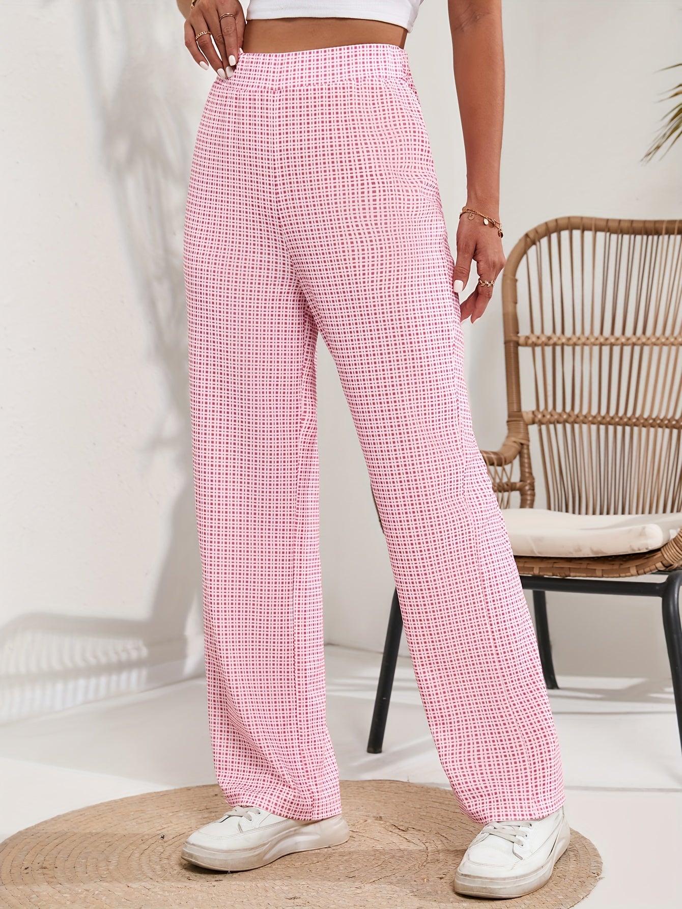 Plaid Straight Leg Pants High Waist Loose Fit