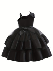 Girls Satin Stitch Tulle Princess Dress with Bow - Special Occasions
