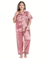 Women's Plus Satin PJs Set Short Sleeve Button Up Shirt & Pants Lounge 2 Piece