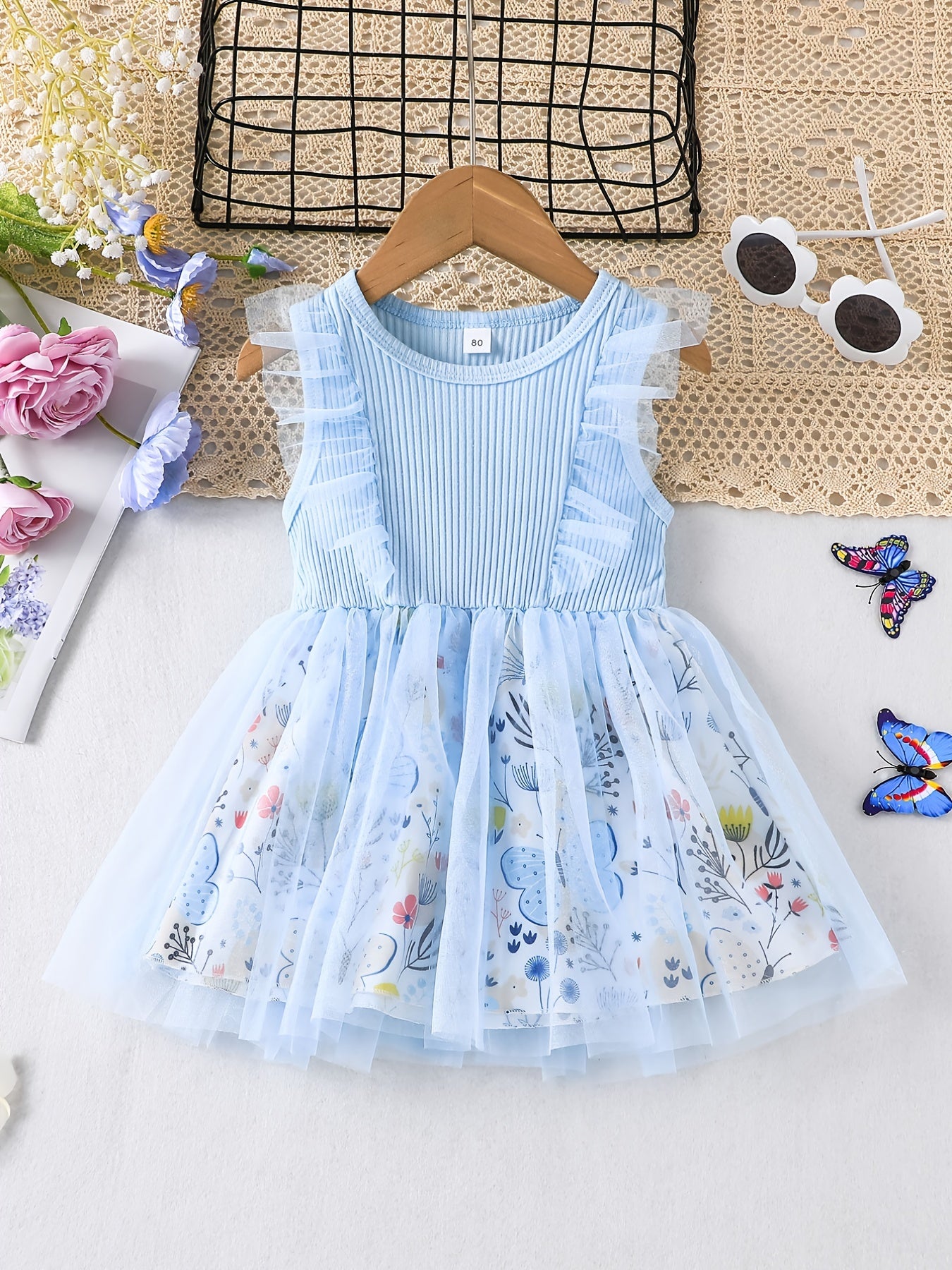 Girls Floral Sleeveless Mesh Dress