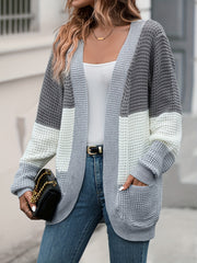 Waffle Solid Knit Cardigan Long Sleeve Sweater With Pockets