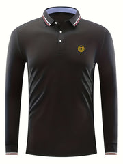 Copper Coin Print Men's Lapel Polo Shirt Casual Slightly Stretch