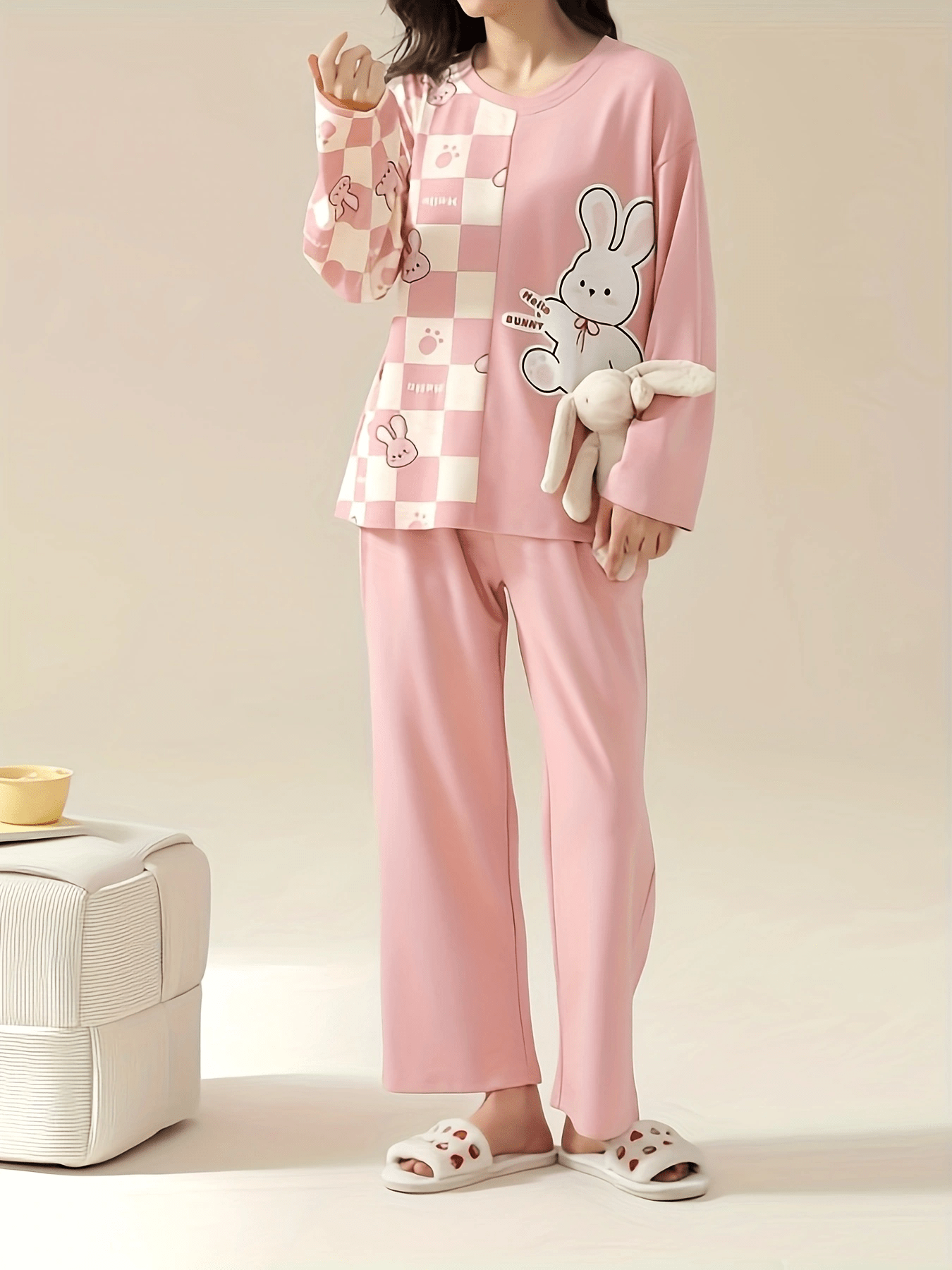 Bunny Print Pajama Set Long Sleeve Top & Pants Women's Sleepwear
