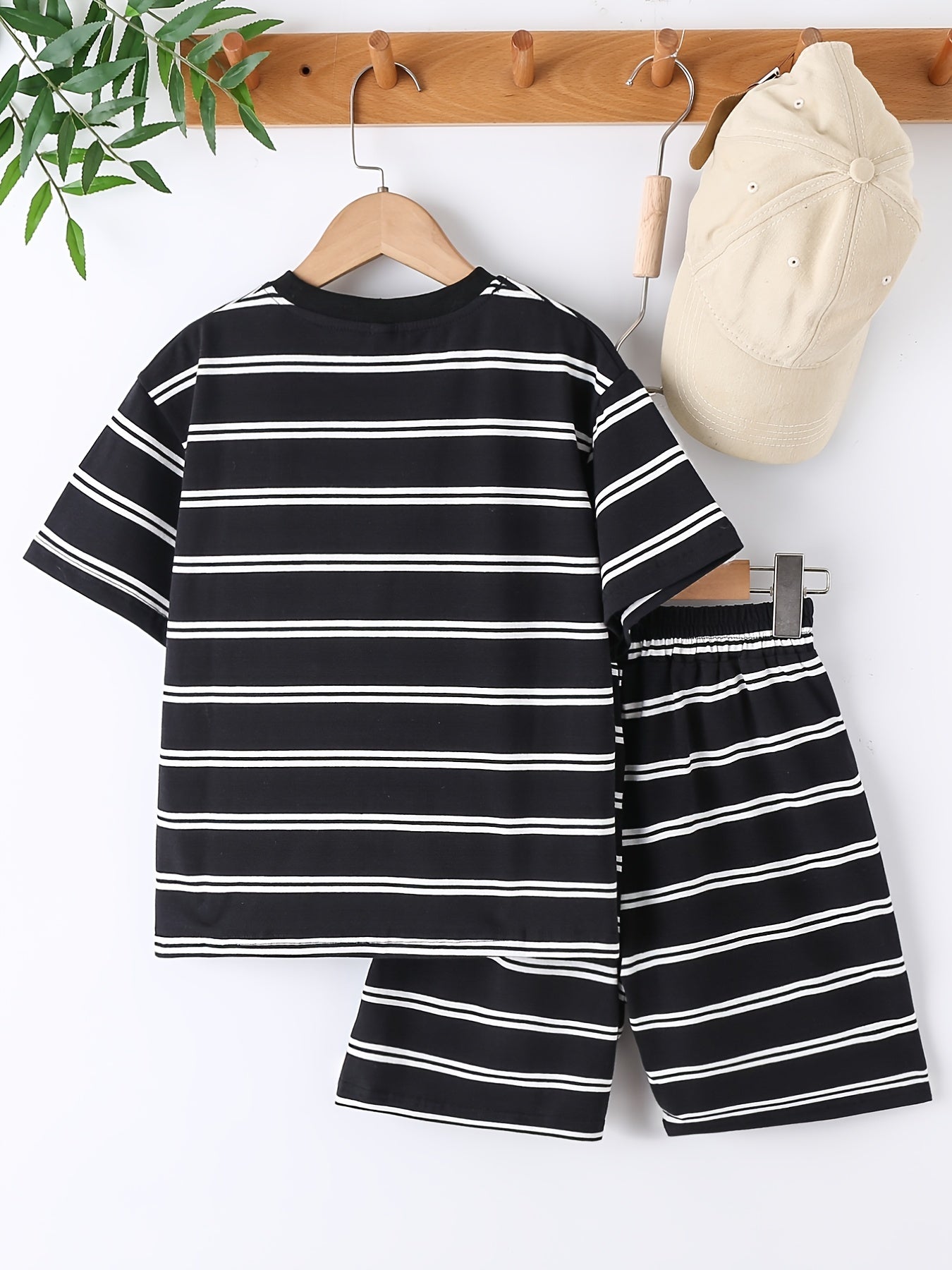 Boys Block Striped Outfit Shorts & T shirt Crew Neck Casual Summer Clothes