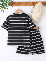 Boys Block Striped Outfit Shorts & T shirt Crew Neck Casual Summer Clothes