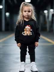 Girls Dog Santa Hat Pattern Hooded Sweatshirt Sweatpants Set