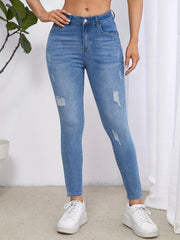 Ripped Holes Skinny Jeans Slash Pockets Stretch Denim Pants Women