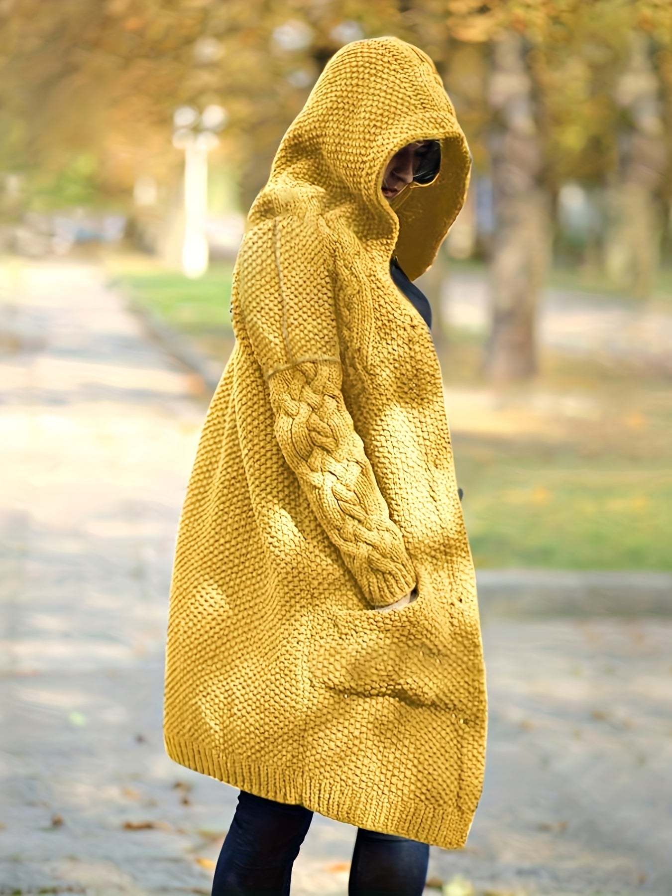 Cable Long Sleeve Hooded Jumper With Pockets