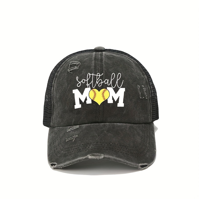 Mom Print Ponytail Trucker Hat Washed Distressed SOFTBALL MOM Baseball Cap