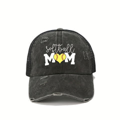 Mom Print Ponytail Trucker Hat Washed Distressed SOFTBALL MOM Baseball Cap