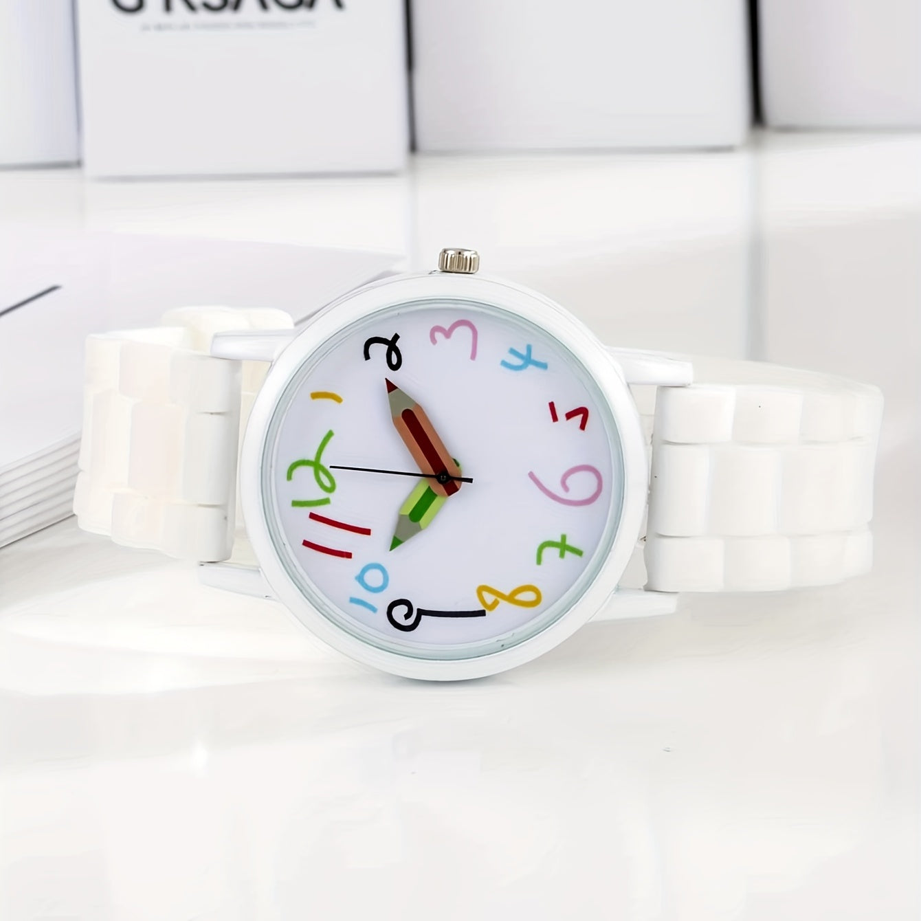PVC Girls Strip Round Wrist Watch & Heart Bangle Set