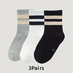 3Pairs Children's Unisex Striped Crew Socks Odor Proof Breathable Student Socks