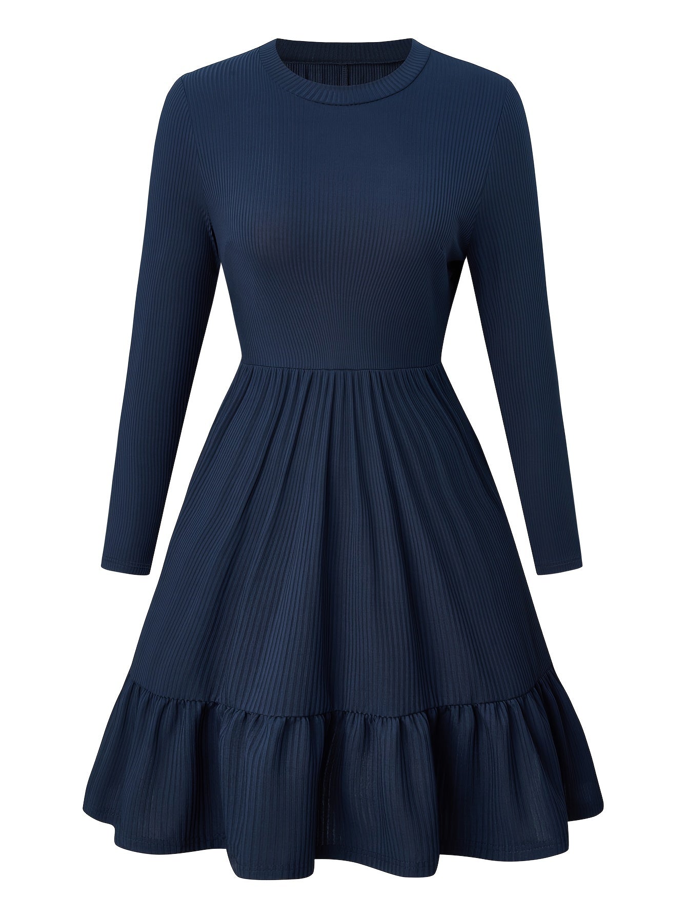 Solid Ribbed Long Sleeve Dress with Ruffle Trim