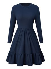 Solid Ribbed Long Sleeve Dress with Ruffle Trim