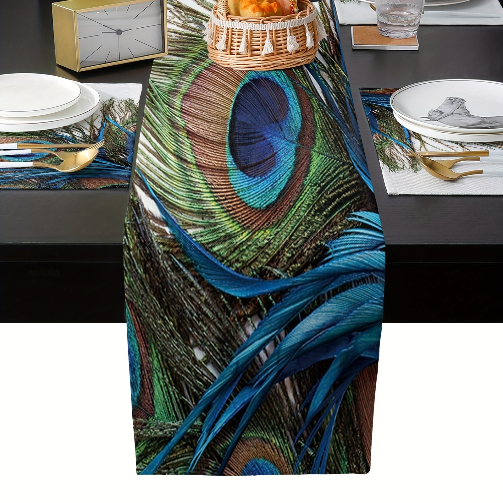 Peacock Feather Table Runner Heat Resistant Linen Mat Dining Room Decor