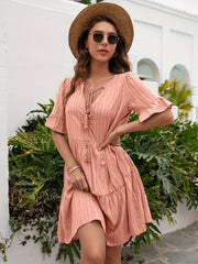 Striped Print Tiered Dress Tie Front Short Sleeve Dress