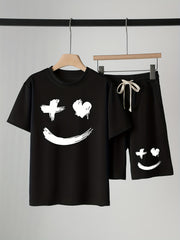 Boys Smile Face Print T-shirt & Drawstring Shorts Set