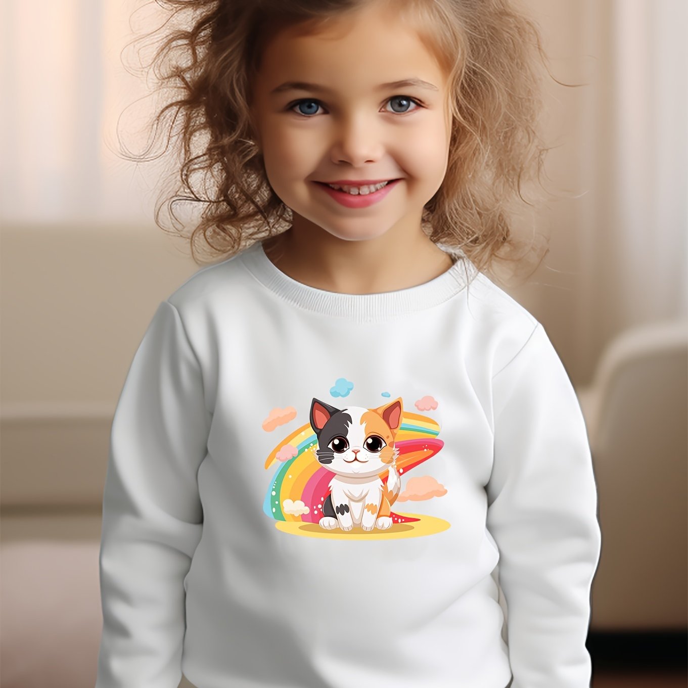 Girls Cat Pattern Crew Neck Sweatshirt For Spring Fall Christmas Gift