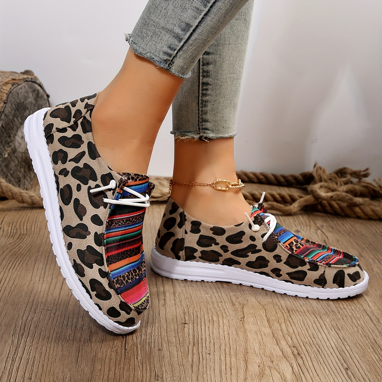 Leopard Print Canvas Lace Up Low Top Slip On Sneakers