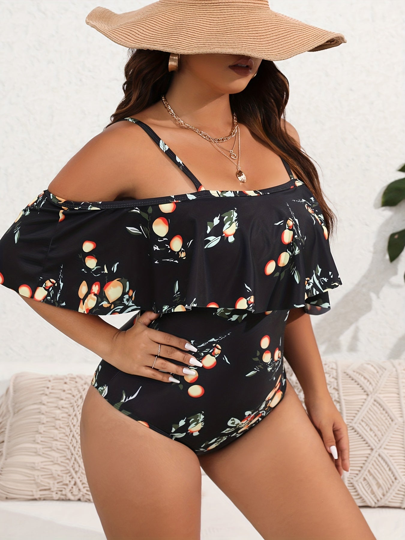 Ruffle Trim Fruit Print One Piece Swimsuit