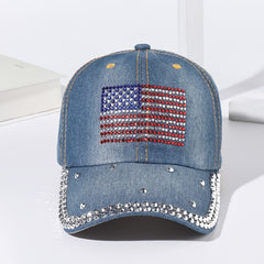 Denim Rhinestone Flag Baseball Cap Outdoor Adjustable Casual Style Man Women Hat