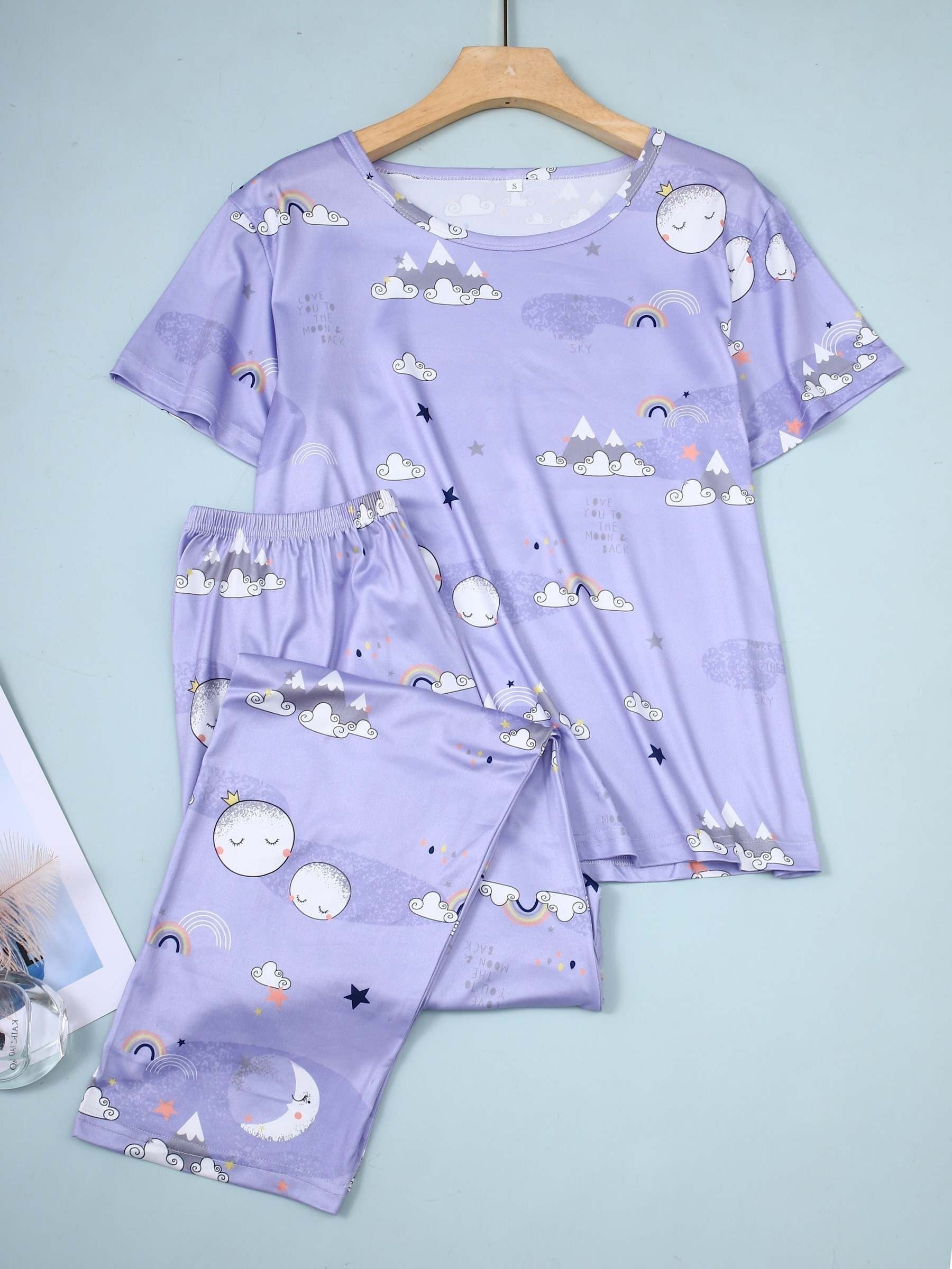 Rainbow & Moon Print Pajama Set Short Sleeve Top & Pants