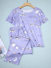 Rainbow & Moon Print Pajama Set Short Sleeve Top & Pants