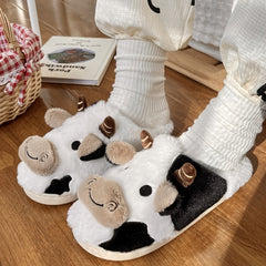Women's Cartoon Cow Slippers Plush Fuzzy Indoor Slides