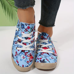 Women's Flower Pattern Canvas Lace Up Flat Sneakers