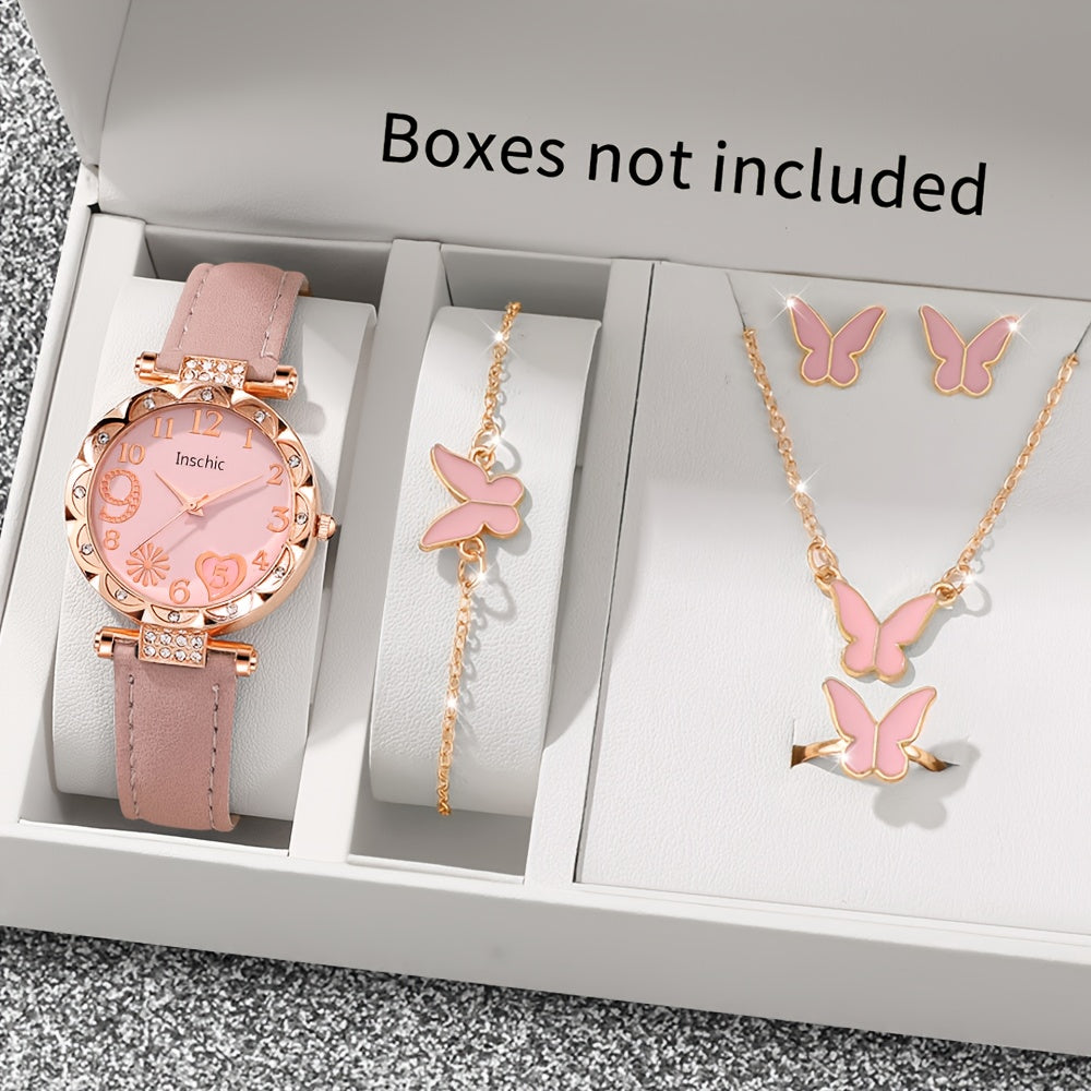 6pcs Pink Quartz Watch & Butterfly Accessory Set