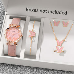 6pcs Pink Quartz Watch & Butterfly Accessory Set