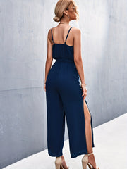 Boho Split Wide Leg Cami Jumpsuit Sexy V neck Backless Belted Jumpsuit