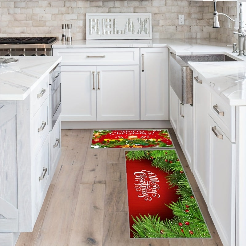 Red Christmas Pattern Floor Mat Soft Anti Fatigue Kitchen Mat