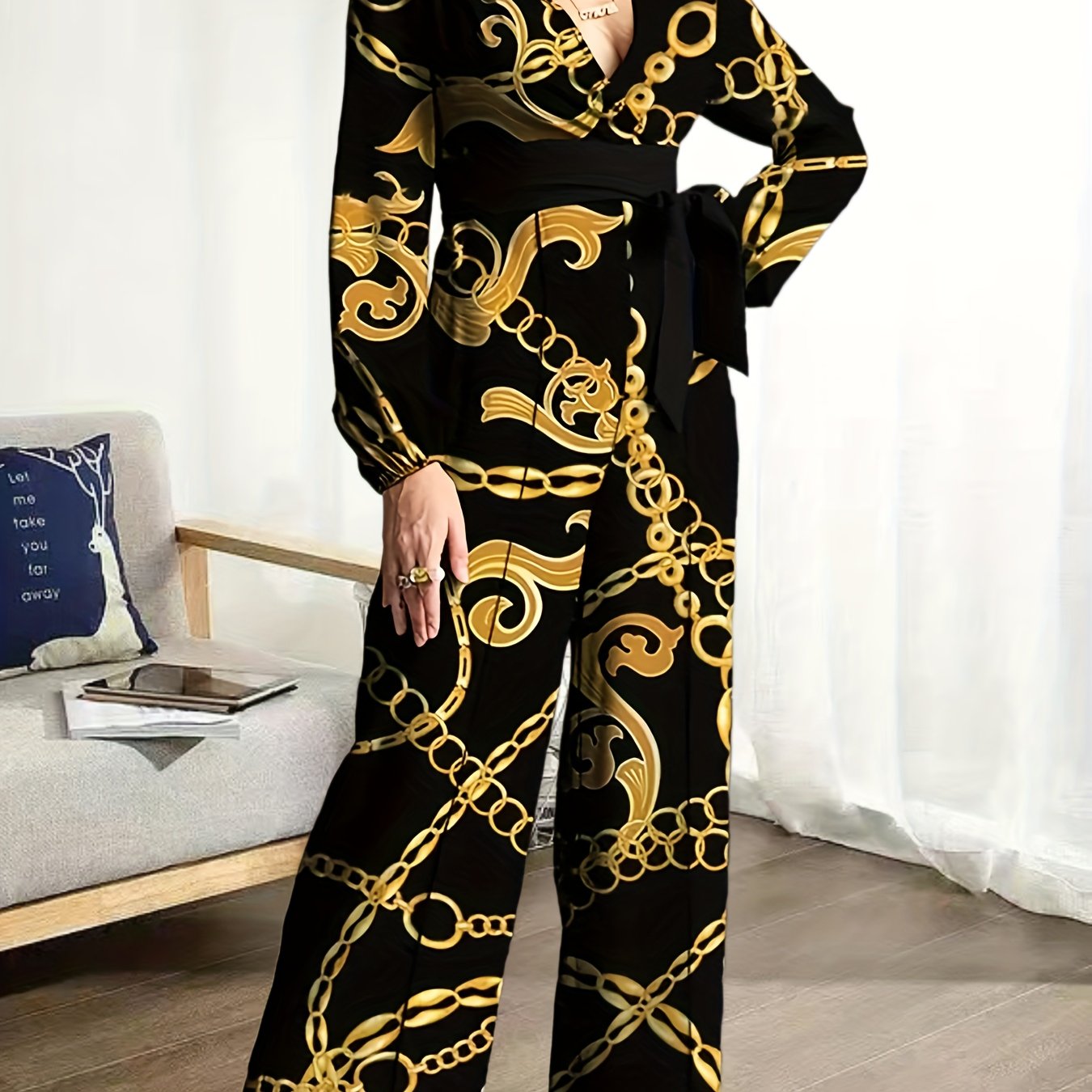 Chain Print Belted Wide Leg Jumpsuit Long Sleeve V-Neck