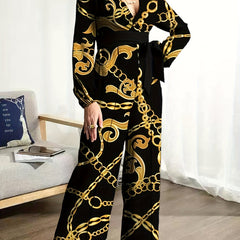 Chain Print Belted Wide Leg Jumpsuit Long Sleeve V-Neck