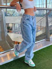 Solid Washed High Rise Denim Pants Wide Leg Jeans