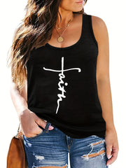 Women's Plus Size Casual Tank Top Letter Print Round Neck Medium Stretch