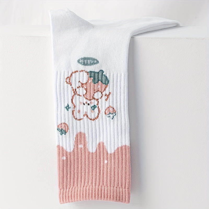 3 Pairs Bear & Bunny Print Socks Women's Crew Stockings