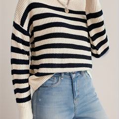 Stripe Pattern Knitted Pullover Sweater Crew Neck Long Sleeve for Fall & Winter