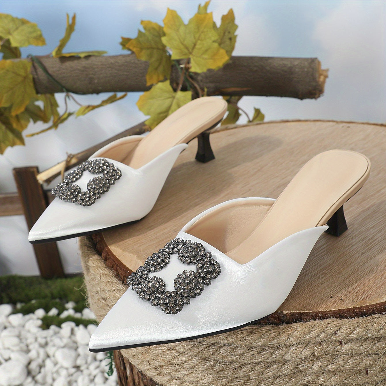 Rhinestone Buckle Kitten Heels Pointed Toe Slingback Sandals